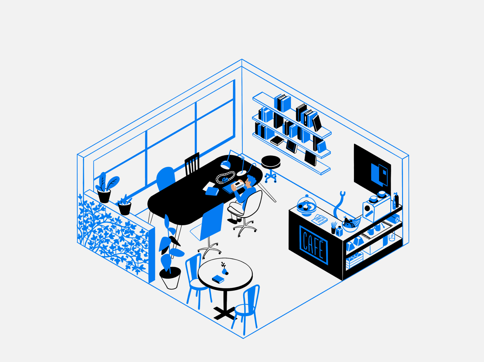 A cool drawing of chairs and tables in a blue-themed cafe